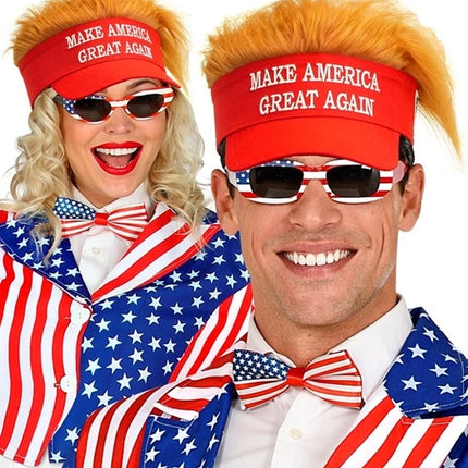 E-Carnavalskleding.nl Zonneklep met pluche haar "make america great again" Teun