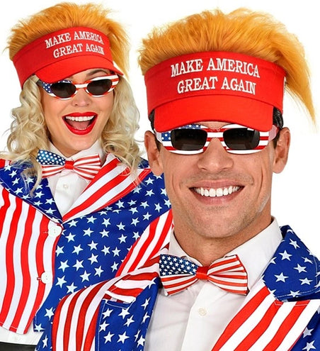 E-Carnavalskleding.nl Zonneklep met pluche haar "make america great again" Teun