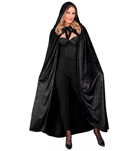 E-Carnavalskleding.nl Zwart fluwelen cape met kap 140cm Olivia