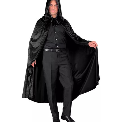 E-Carnavalskleding.nl Zwart fluwelen cape met kap 140cm Olivia