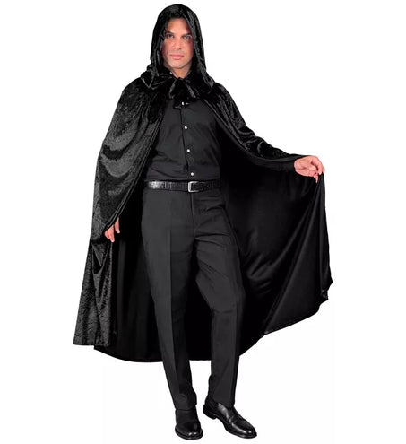 E-Carnavalskleding.nl Zwart fluwelen cape met kap 140cm Olivia