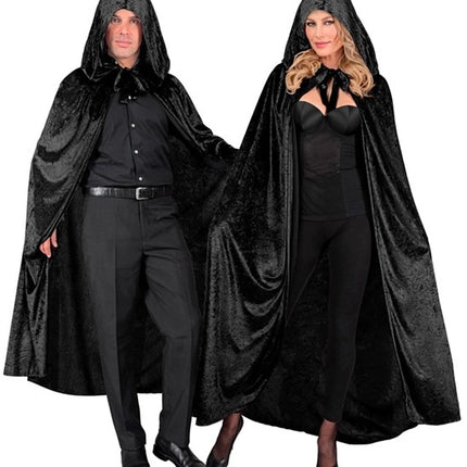 E-Carnavalskleding.nl Zwart fluwelen cape met kap 140cm Olivia