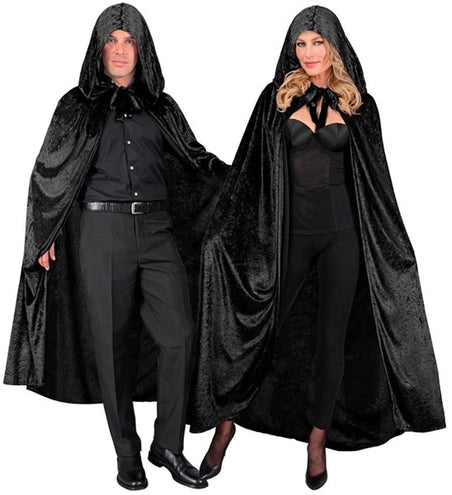 E-Carnavalskleding.nl Zwart fluwelen cape met kap 140cm Olivia