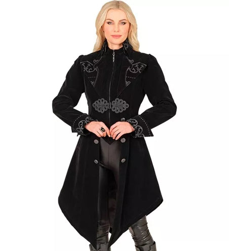 E-Carnavalskleding.nl Zwart fluwelen gothic jas dame Vera