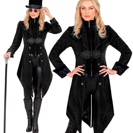 E-Carnavalskleding.nl Zwart fluwelen gothic jas dame Vera