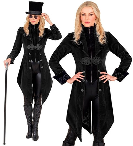 E-Carnavalskleding.nl Zwart fluwelen gothic jas dame Vera