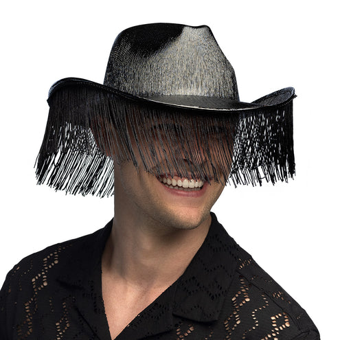 E-Carnavalskleding.nl Zwarte cowboyhoed met franjes Fabulous