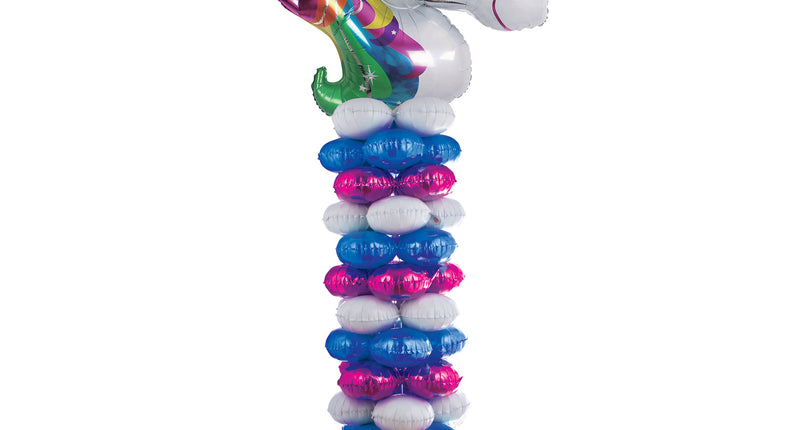 Eenhoorn ballonzuil van 210 cm met witte eenhoornkop, regenboogmanen en witte, blauwe en roze folieballonnen