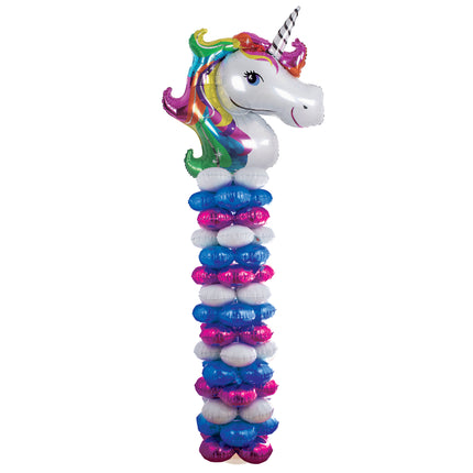 Eenhoorn ballonzuil van 210 cm met witte eenhoornkop, regenboogmanen en witte, blauwe en roze folieballonnen