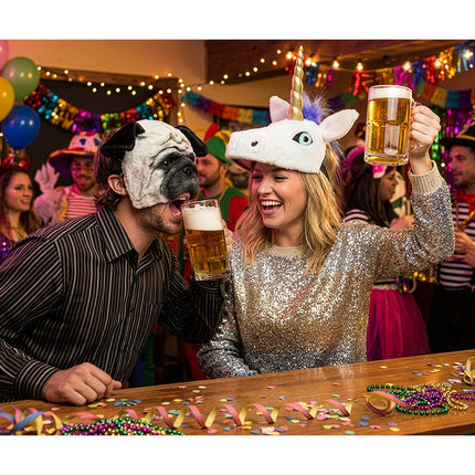 Eenhoorn halfmasker van pluche op het hoofd gedragen tijdens een vrijgezellenfeest