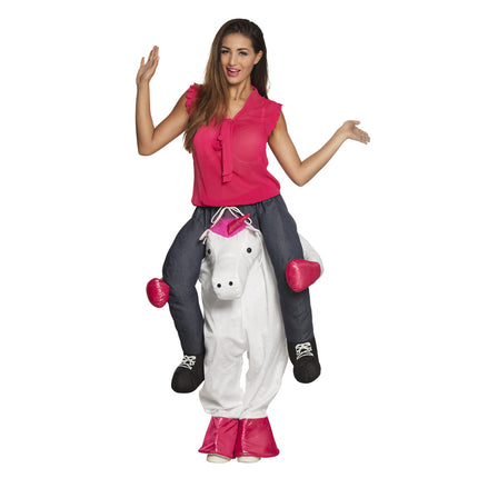 Eenhoorn instapbroek volwassenen in wit pluche met roze hoorn, manen en hoefjes voor een verkleedfeest