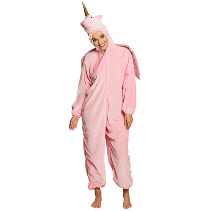 Eenhoorn onesie met capuchon, gouden hoorn en rits over de voorkant voor een themafeest