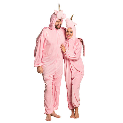 Eenhoorn onesie volwassenen in pluche, gedragen door een man en een vrouw met capuchon en gouden hoorn