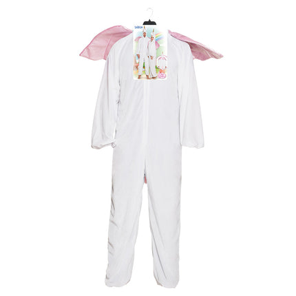 Eenhoorn onesie wit pluche op hanger met roze vleugels en Boland-verpakkingskaart