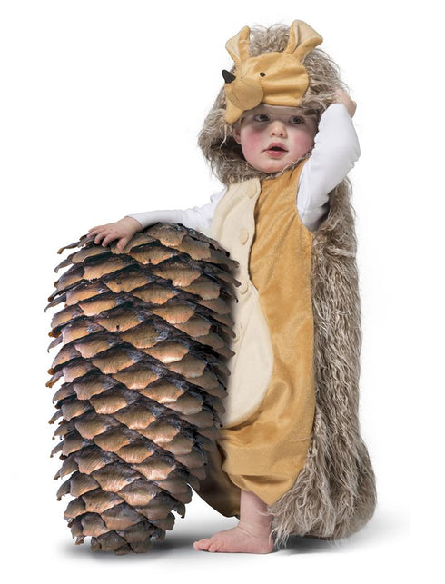 Egeltje kostuum Bobbie met egelkopje, oortjes en zwart snuitje op de kap, gedragen door een peuter