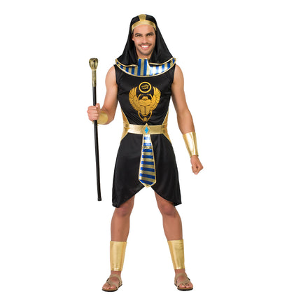 Egyptisch kostuum Osiris heren, zwart gewaad met gouden scarabee, blauw-goud gestreepte kraag en gouden riem