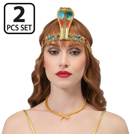 Egyptische set Golden Nile op model met opgerichte cobra op het voorhoofd voor carnaval
