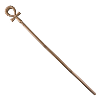 Egyptische staf goudkleurig met ankh-teken met vleugels en oog, 113 cm lang