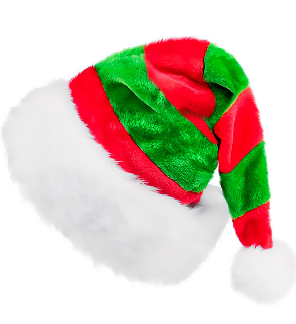 Elf hoed pluche in rood en groen met witte pluchen rand en witte pompon aan de punt