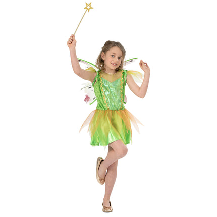 Elf Mila elfenjurkje voor meisjes, rok van oranje en groene tule over een glanzende groene onderrok