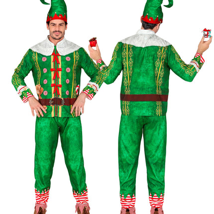 Elfenjas en groene broek met gepunte rand en belletjes, achterzijde met brede riemprint