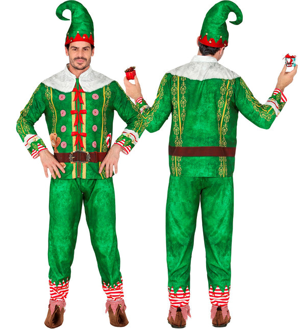 Elfenjas en groene broek met gepunte rand en belletjes, achterzijde met brede riemprint