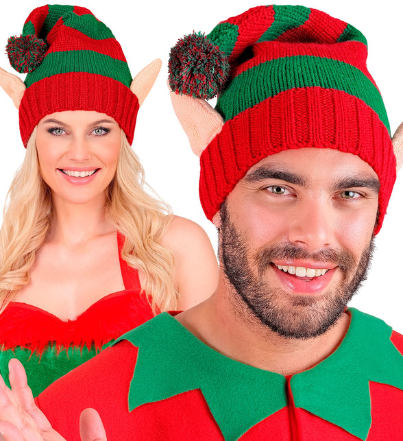 Elfenmuts kersthulpje gedragen door vrouw en man tijdens Kerst