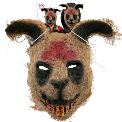 Eng konijnenmasker met omhoogstaande oren en gerafelde randen, vooraanzicht van het volledige masker