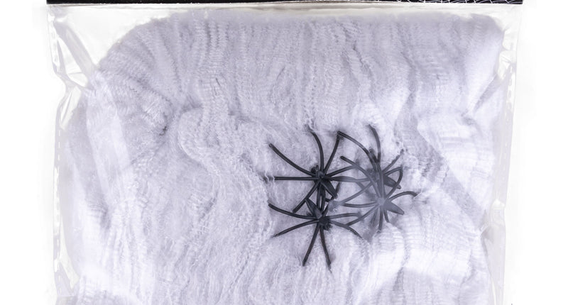 Eng spinnenweb wit van polyester met vier zwarte plastic spinnen, 60 gram in verpakking, Halloweendecoratie