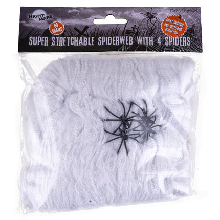 Eng spinnenweb wit van polyester met vier zwarte plastic spinnen, 60 gram in verpakking, Halloweendecoratie