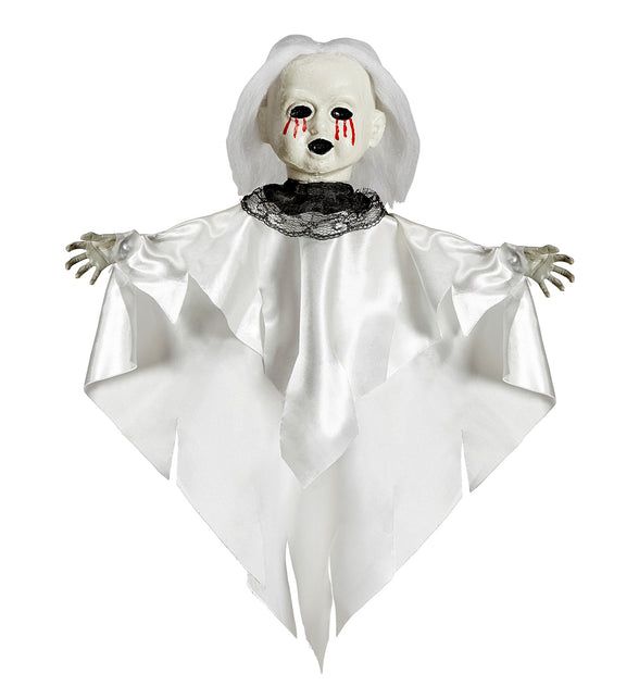 Enge pop decoratie 50cm in wit satijnachtig gewaad met zwarte kanten kraag en bloedtranen, voor Halloween
