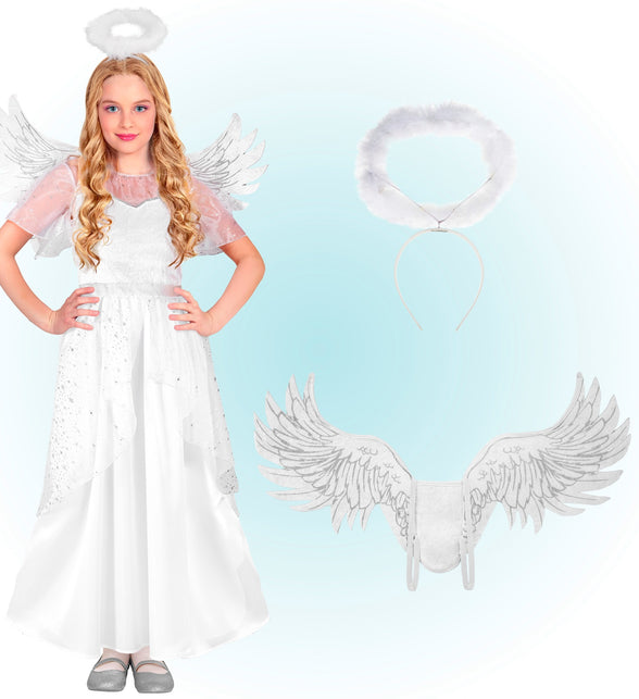 Engelenkostuum kind met losse witte vleugels en pluizig aureool op diadeem apart afgebeeld