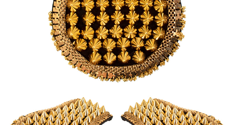 Epauletten met spikes goud, set van twee schouderstukken met gouden kettingfranje