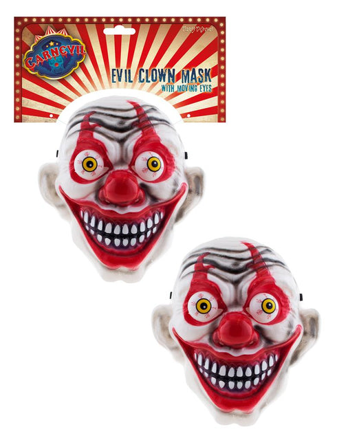 Evil clown masker halloween op kaart, wit PVC masker met rode grijns en wiebelogen