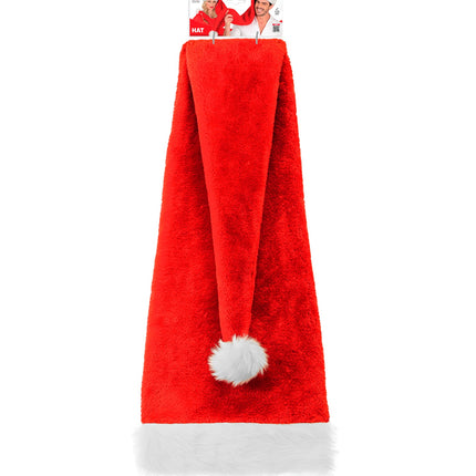 Extra lange rode kerstmuts van 125 cm in verpakking, met witte pompon halverwege de punt