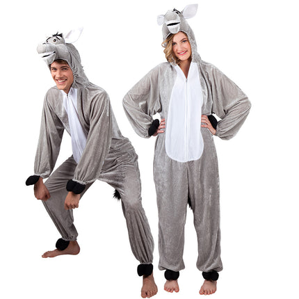 Ezel onesie gedragen door twee personen, grijs met witte buikpartij en rits