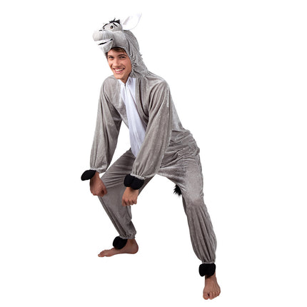 Ezel onesie pluche met ezelkop op de capuchon, gedragen op een themafeest