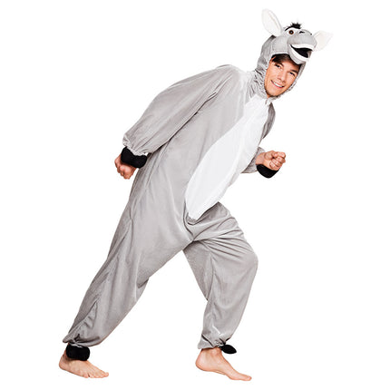 Ezel onesie pluche grijs met capuchon met ezelkop en zwarte hoefjes voor carnaval