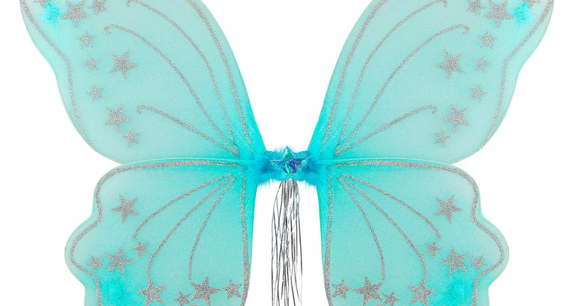Fantasie glitter vleugels blauw voor meisjes, turquoise met zilveren glittersterren, krullijnen en zilveren slierten