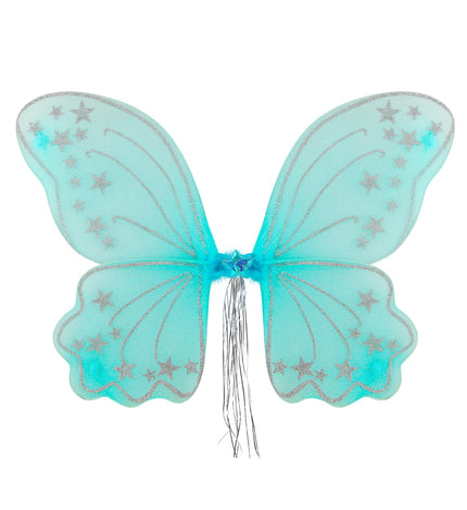 Fantasie glitter vleugels blauw voor meisjes, turquoise met zilveren glittersterren, krullijnen en zilveren slierten