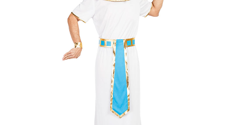 Farao kostuum heren Ahmose met witte enkellange tuniek, gouden kraag, blauw-goud gestreepte hoofdtooi en armbanden