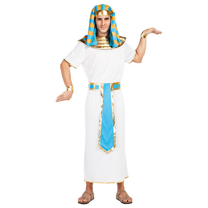 Farao kostuum heren Ahmose met witte enkellange tuniek, gouden kraag, blauw-goud gestreepte hoofdtooi en armbanden