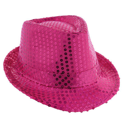 Fedora hoed met pailletten roze met omgeslagen rand en sierband, voor een discofeest