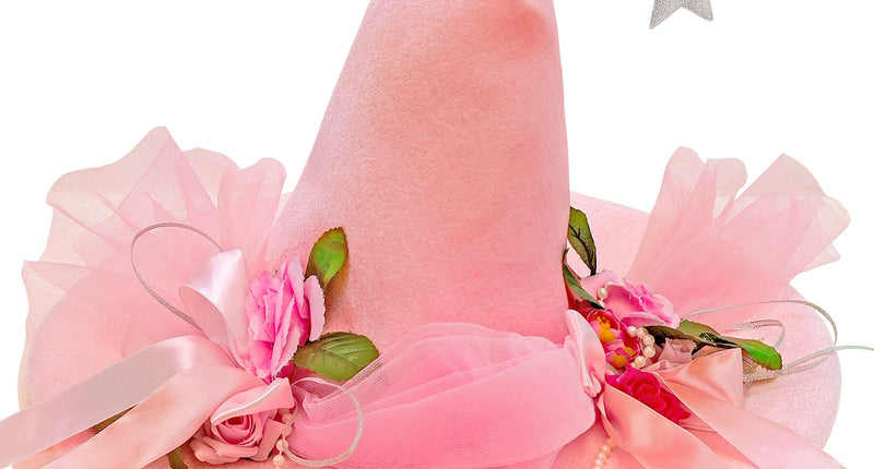 Feeënhoed roze met rozen, tule en zilveren glittersterretje aan de punt