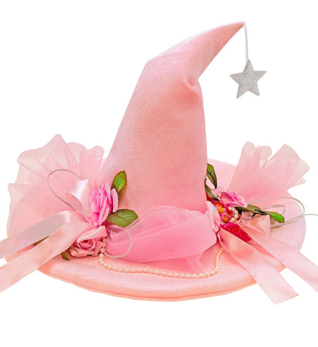 Feeënhoed roze met rozen, tule en zilveren glittersterretje aan de punt