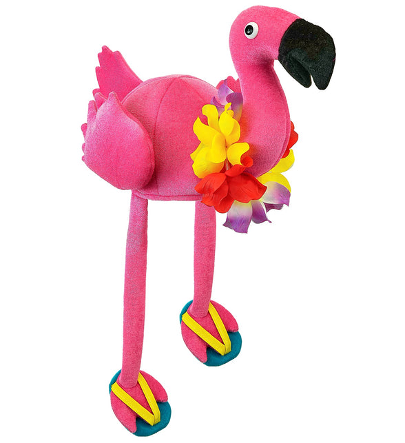Flamingo hoed hawaii in roze pluche met zwarte snavel, bloemenkrans en lange poten met slippers