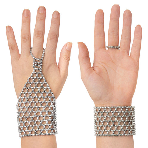 Flapper handschoen zilver met kralennet over de handrug, ring om de middelvinger en brede polsband