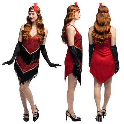 Flapper jurk Evelyn van voor, zij en achter: puntige franjezoom en effen rode achterkant
