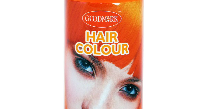 Fluor oranje haarkleurspray 125 ml van Goodmark, spuitbus met oranje dop en model met oranje haar
