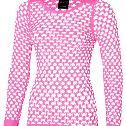 Fluorroze netshirt dames met ronde hals en geribde mouwboorden